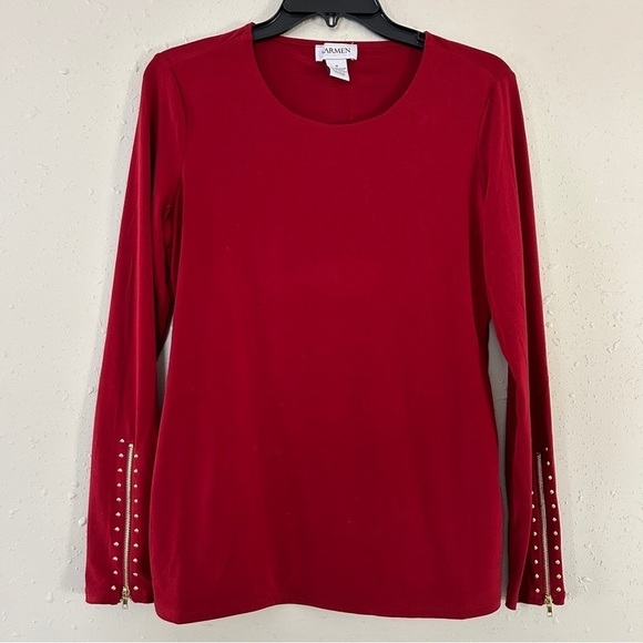 🦋 Carmen Marc Volvo Red Gold Detail Long Sleeve Blouse Small Medium Stretch - Picture 1 of 8